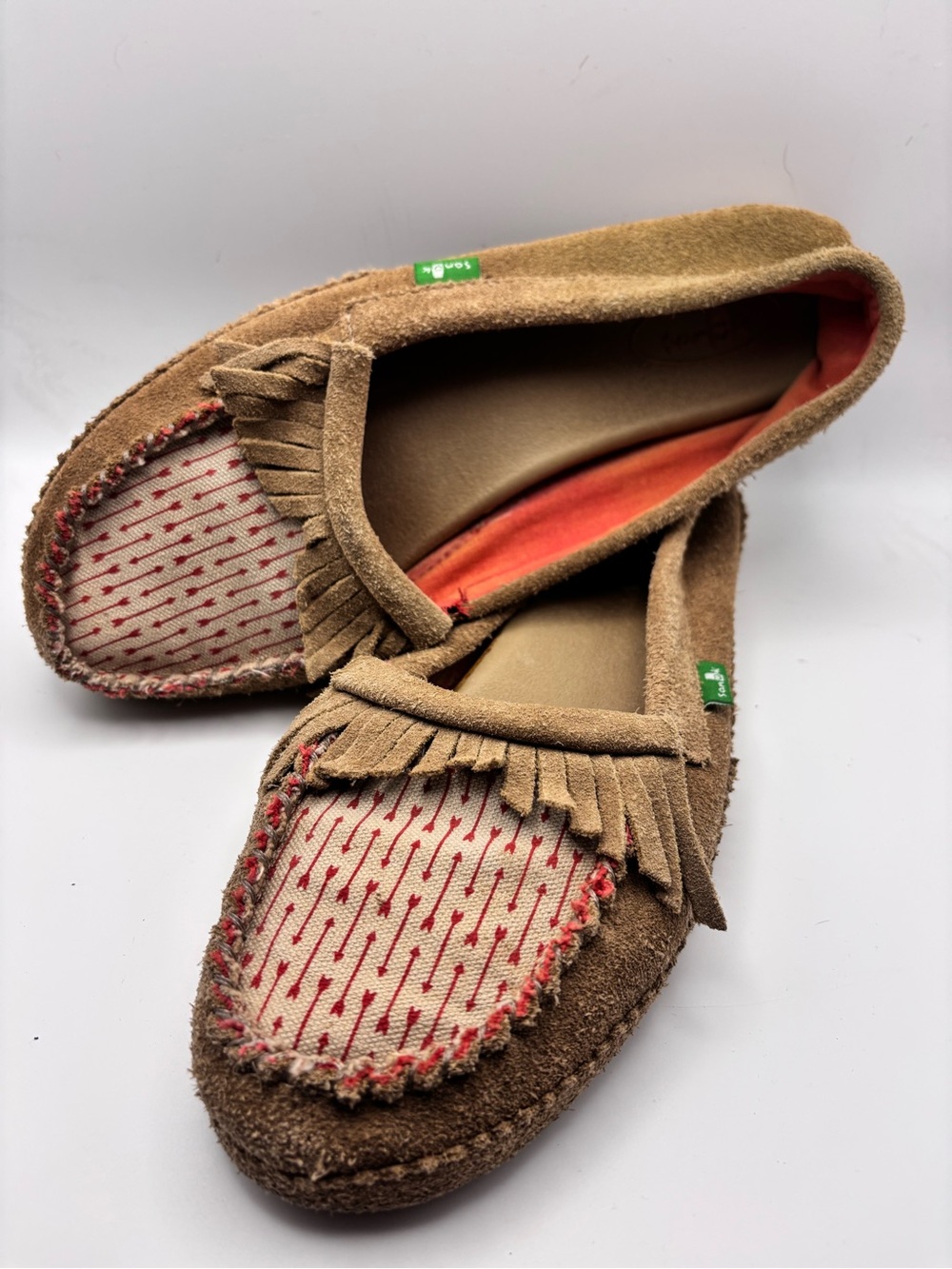 Sanuk Brown Suede Moccasins with Red Stitching